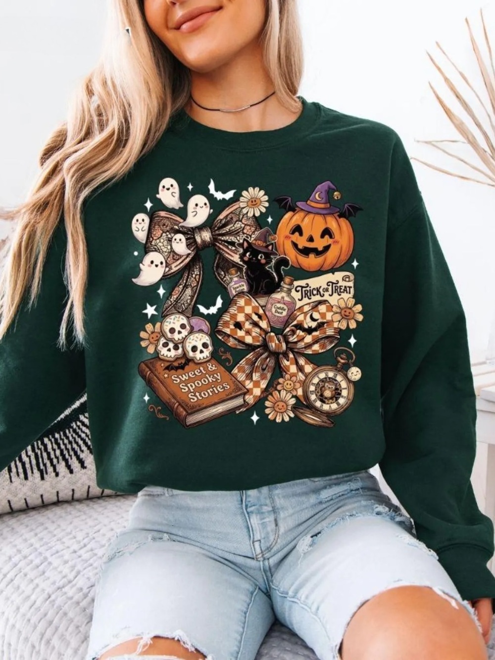 Forest Green Halloween Graphic Sweatshirt - Trick or Treat Pumpkin Top